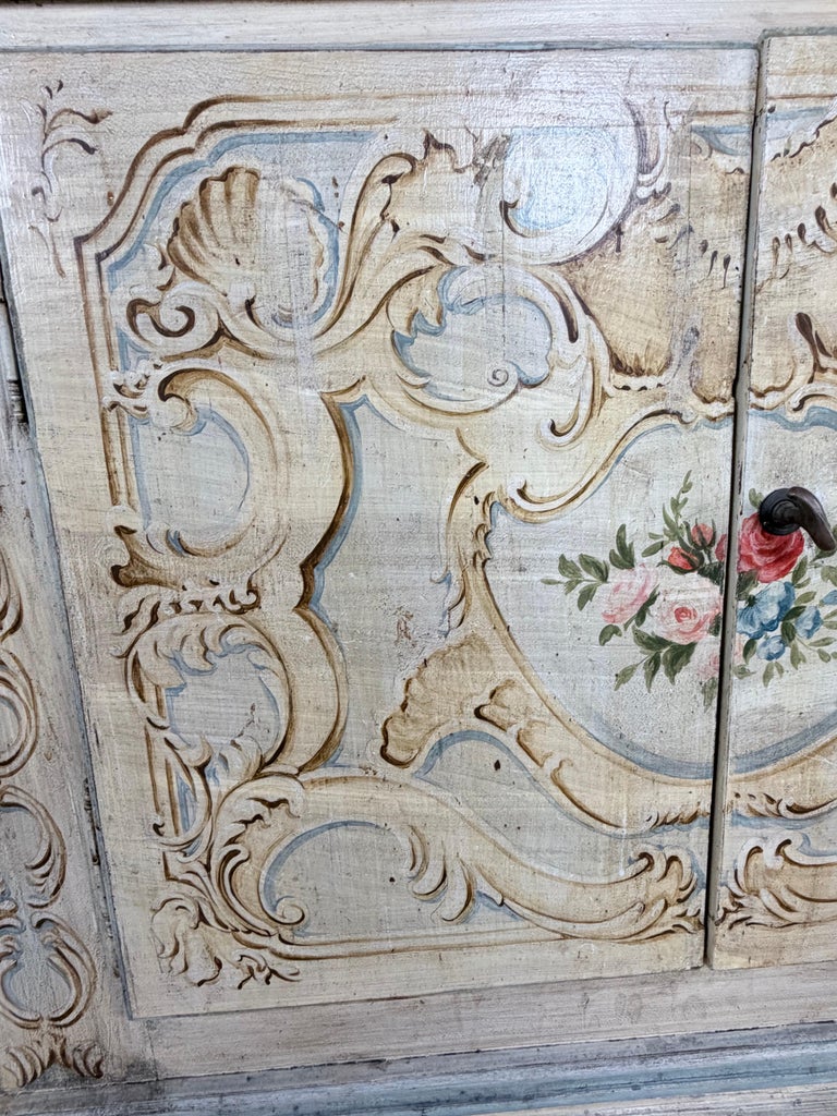 Italian Rococo Painted Serpentine Credenza with Floral Cartouches