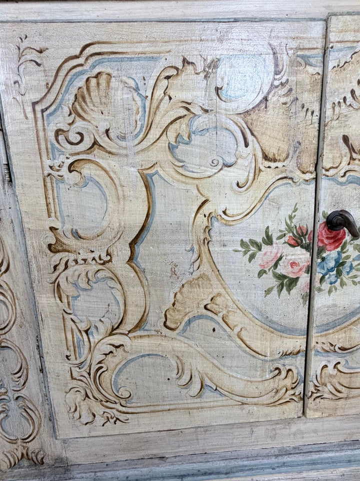 Italian Rococo Painted Serpentine Credenza with Floral Cartouches