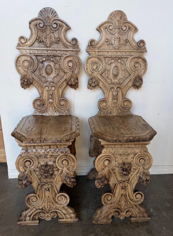 Pair of 19th C. Italian Renaissance Sgabello Hall Chairs - Heavily Carved Walnut