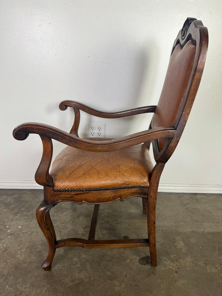 Set of Eight French Carved Wood Dining Chairs with Leather Upholstery