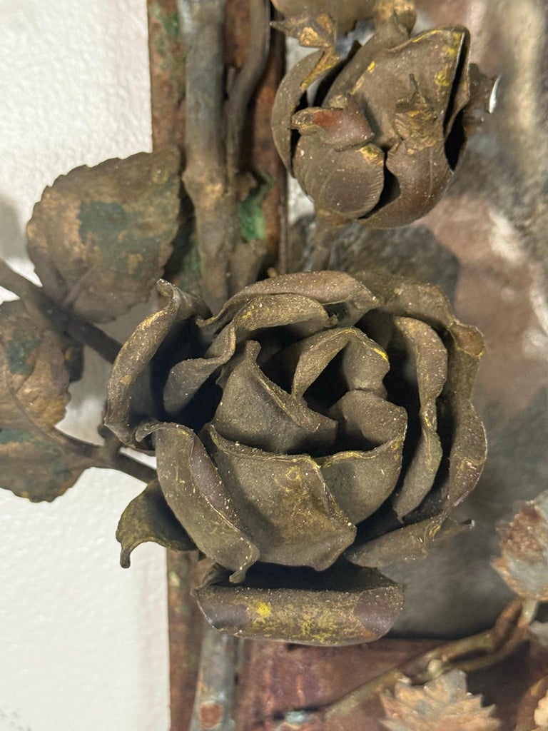 Antique Mid-Century Wrought Iron Mirror with Floral Motif