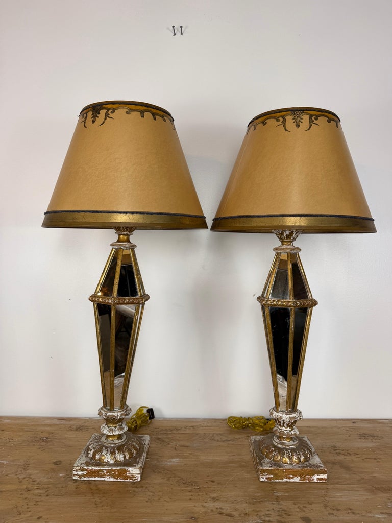 Vintage Italian Mirrored Obelisk Table Lamps, Giltwood, 1940s-50s