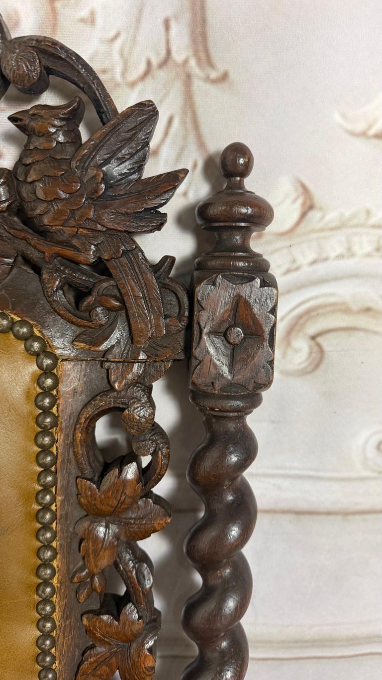 Set of 6 Antique Jacobean Hunt Chairs in Heavily Carved Oak with Cognac Leather