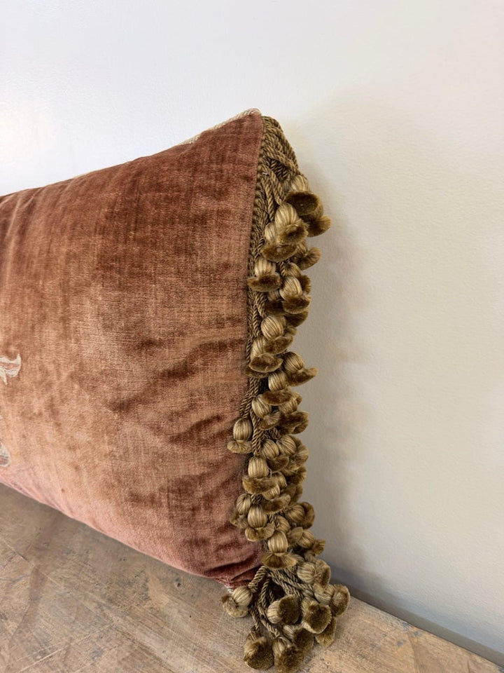 French Neoclassical-Style Embroidered monogram Velvet Lumbar Pillow