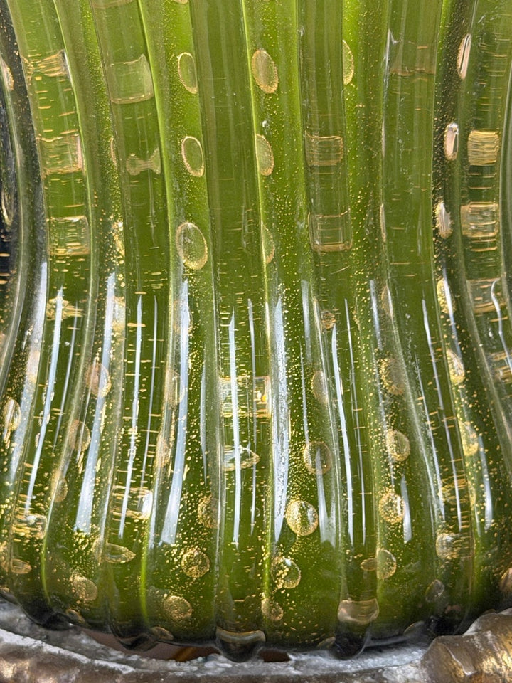 Pair of Vintage Murano Glass Table Lamps - Barovier &amp; Toso Style Olive Green