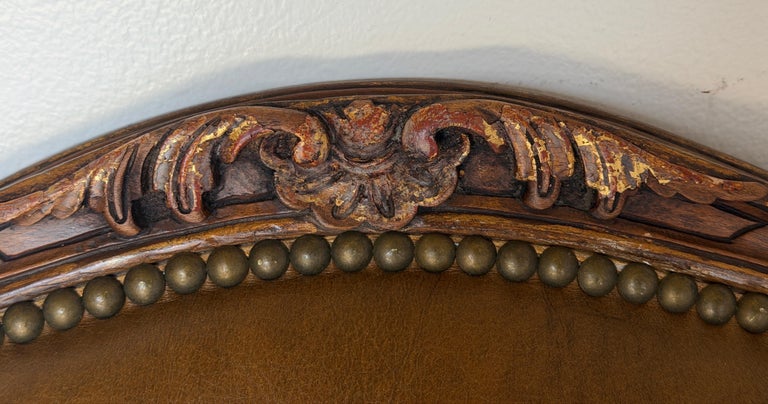Pair of VIntage French Louis XV Cognac Leather Fauteuils