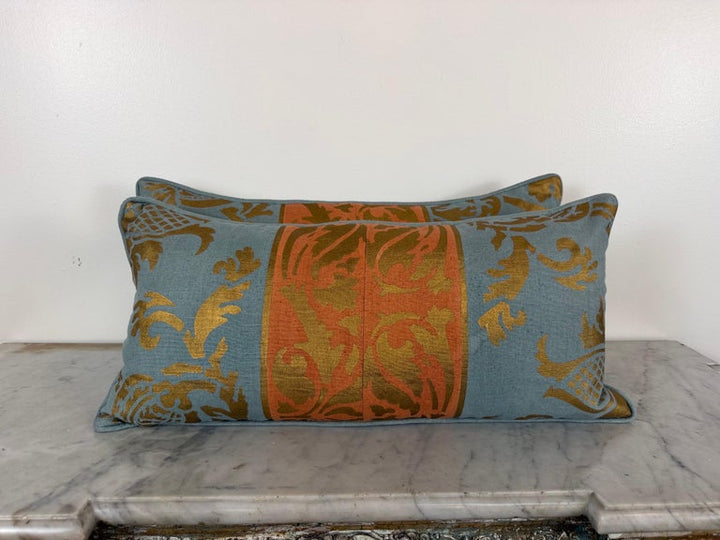 Nomi Stenciled Linen Lumbar Pillows in Celeste Blue, USA