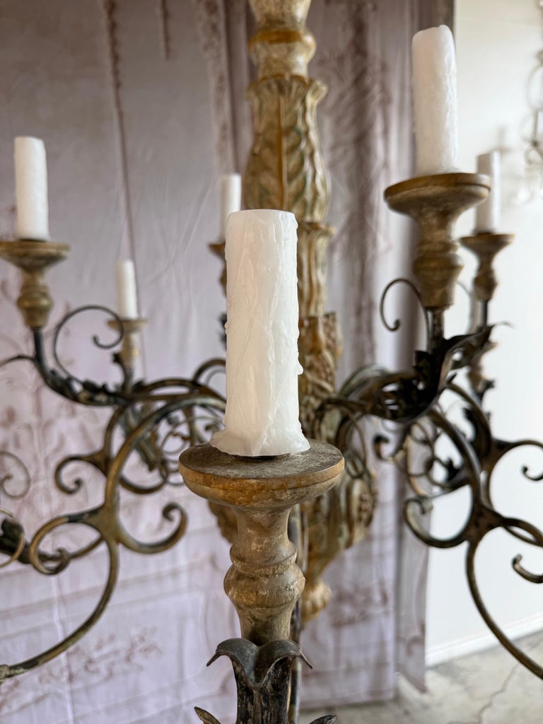 Monumental Italian Rococo Painted Wood & Wrought Iron 12-Light Chandelier
