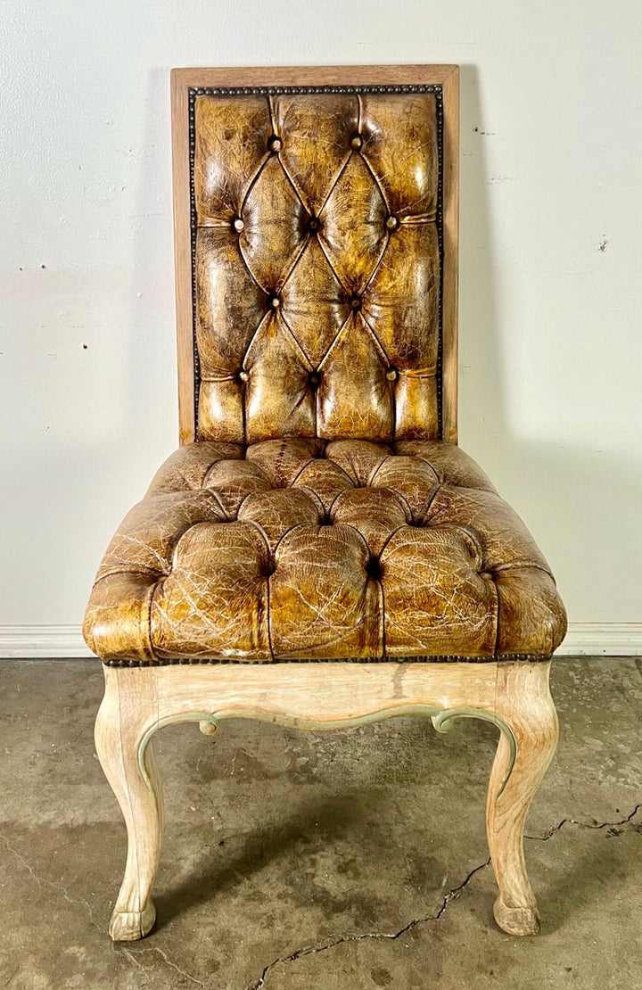 Set of Eight French Leather Tufted Dining Chairs C. 1940