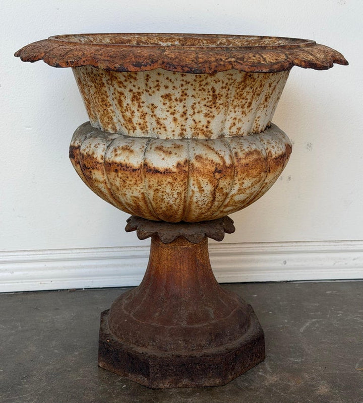 Antique French Cast Iron Garden Urn, Distressed Patina, 19th Century