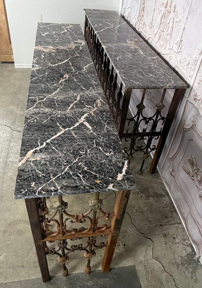 Pair of 19th Century Wrought Iron Consoles with Marble Tops