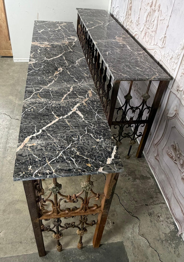 Pair of 19th Century Wrought Iron Consoles with Marble Tops