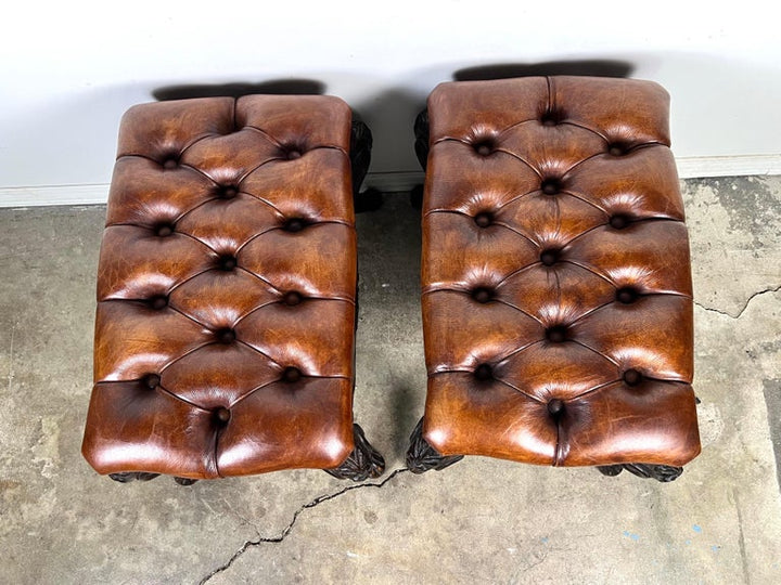 Pair of French Walnut Leather Tufted Benches