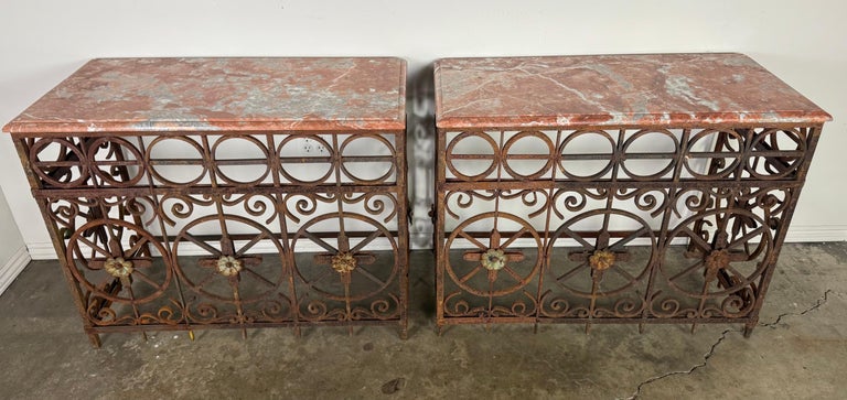 Pair of Italian Wrought Iron Consoles with Rosso Verona Marble Tops