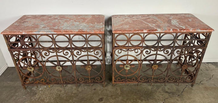 Pair of Italian Wrought Iron Consoles with Rosso Verona Marble Tops