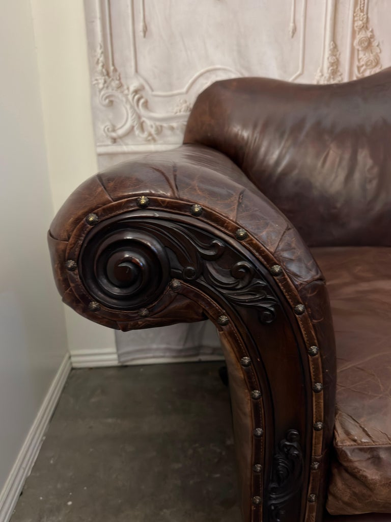Ralph Lauren Home "Belmont" Hand-Carved Leather Camelback Sofa With Scroll Arms
