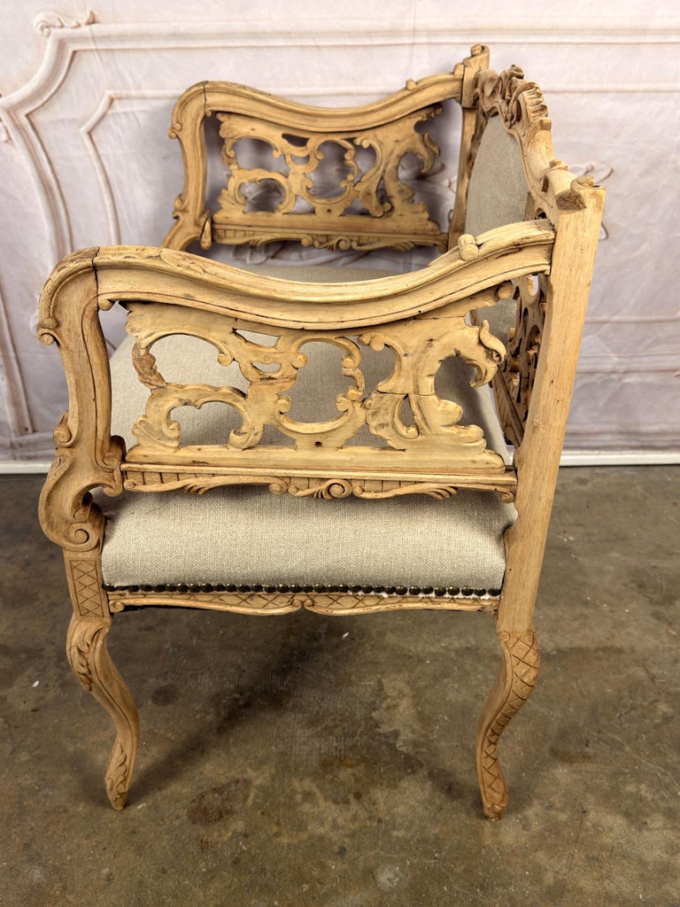 Antique Venetian Rococo Pierced Bench Settee- Hand Carved Bleached Walnut