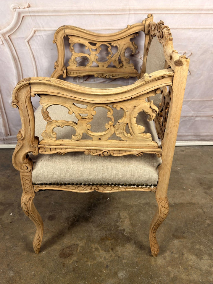 Antique Venetian Rococo Pierced Bench Settee- Hand Carved Bleached Walnut