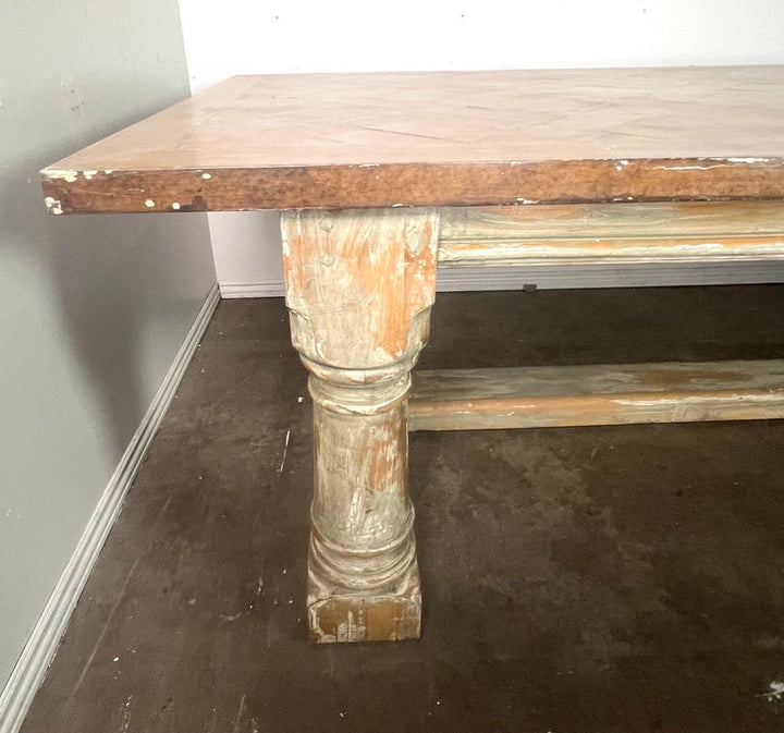 Rustic Painted Dining Table w/ Herringbone Pattern Top