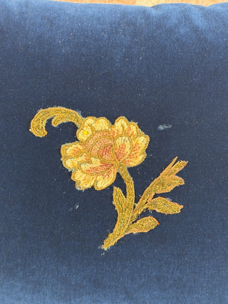 Pair of French Sapphire Velvet Pillows with 19th Century Gold Metallic Appliques