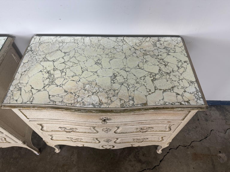 Pair of Louis XV–Style Painted Chests with Antiqued Marbled-Foxed Mirror Tops