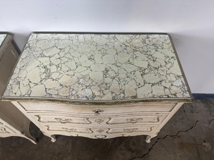 Pair of Louis XV–Style Painted Chests with Antiqued Marbled-Foxed Mirror Tops