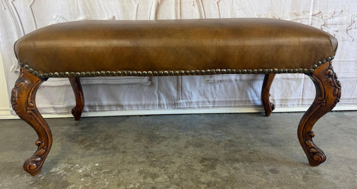 Antique French Louis XV Bench, Hand-Carved Wood &amp; Brown Leather