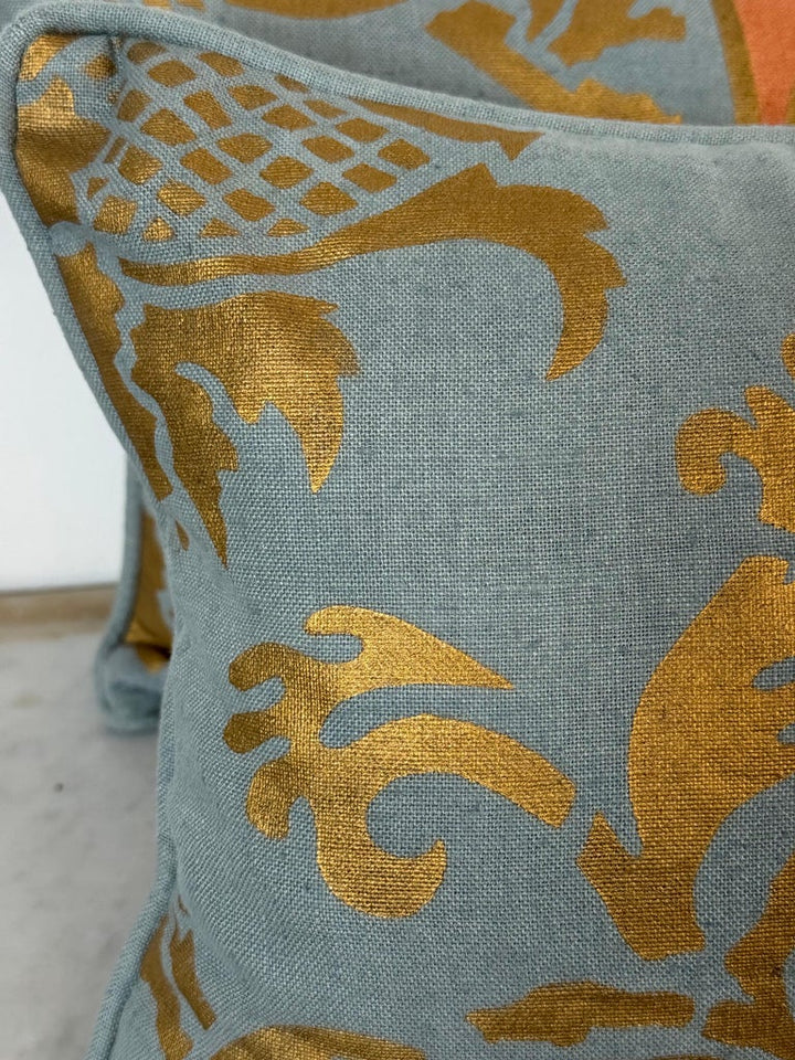 Nomi Stenciled Linen Lumbar Pillows in Celeste Blue, USA