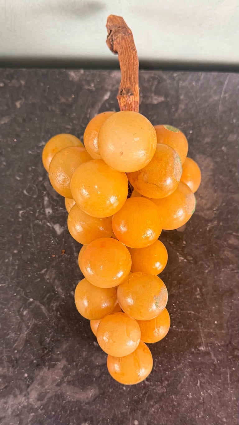 Vintage Carved Alabaster Grapes on Natural Wood Stem