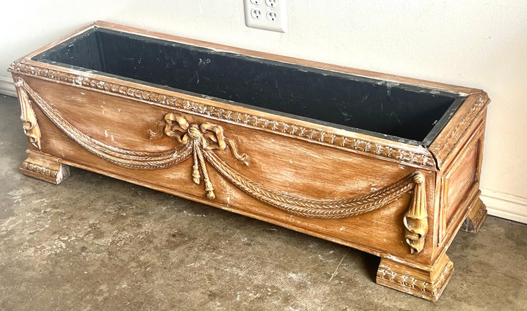 French Rectangular Shaped Carved Wood Planter w/ Liner