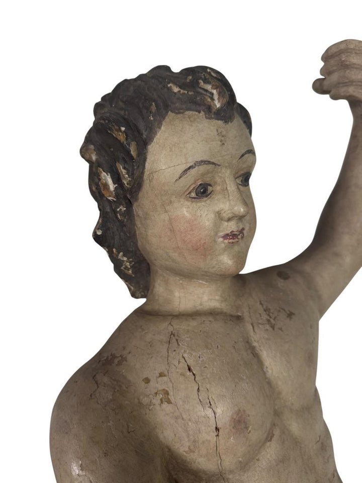 19th Century Carved Polychrome and Giltwood Statue of a Putti