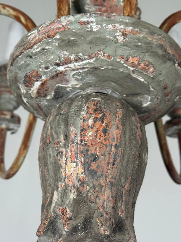 Antique European Painted Wood and Iron Six-Light Chandelier