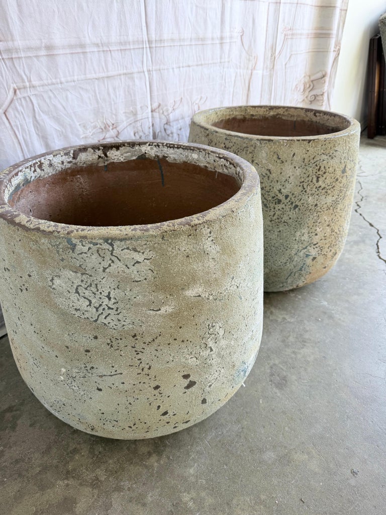 Pair of Large 20th Century Pitted Limestone-Finish Terra Cotta Planters