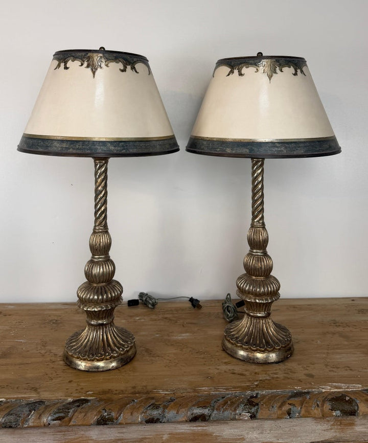 Pair of Italian Baroque Barley Twist Table Lamps - Silvered and Giltwood