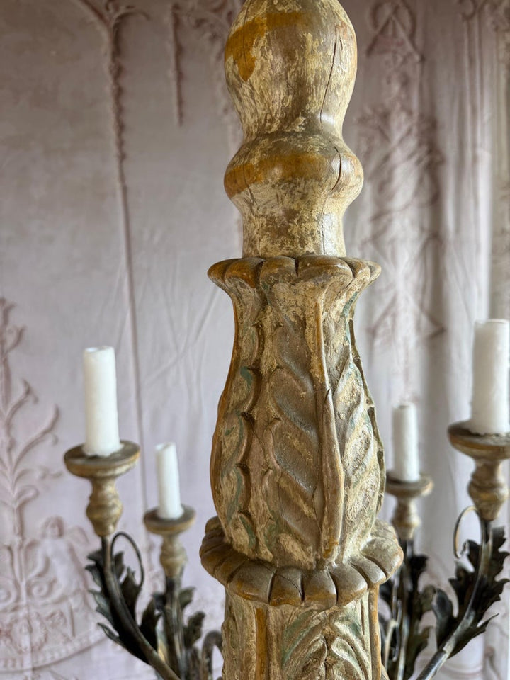 Monumental Italian Rococo Painted Wood & Wrought Iron 12-Light Chandelier