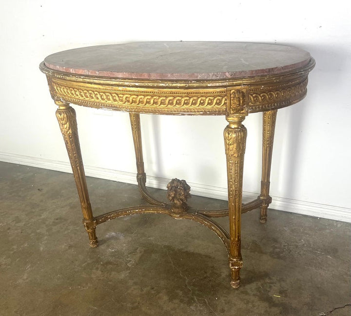 19th Century Louis XVI Style Gilt Wood Table w/ Marble Top