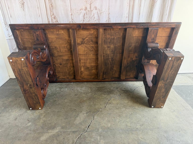 Spanish Colonial Revival Walnut Dining Table with Hand-Carved Scrollo