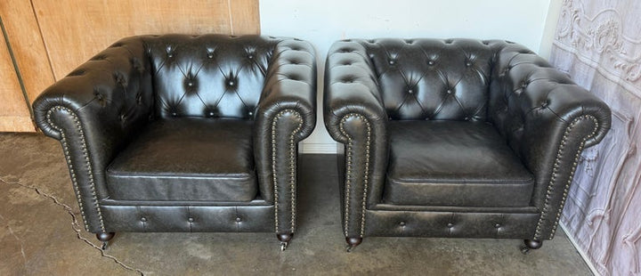 Pair of English CHesterfield Club Chairs- Tufted Armchairs
