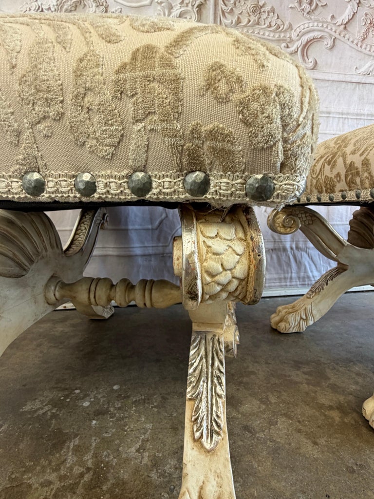 Pair of Italian Venetian Baroque Curule Stools - Hand - Carved Silvered Gilt
