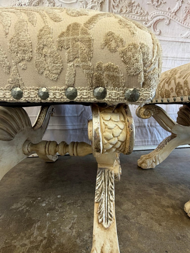 Pair of Italian Venetian Baroque Curule Stools - Hand - Carved Silvered Gilt