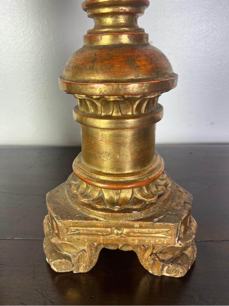 Pair of 19th-Century Italian Gilt Wood Candlesticks w/ Prickets