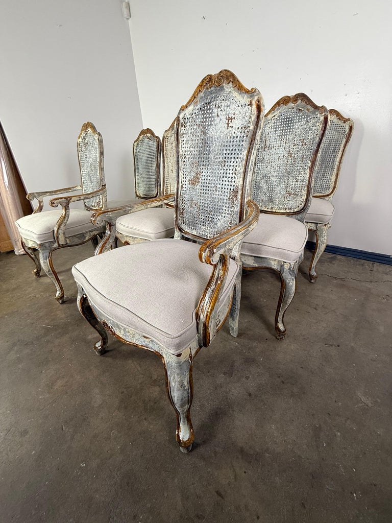 Set of 8 Distressed French Louis XV Style Dining Chairs with Cane Backs