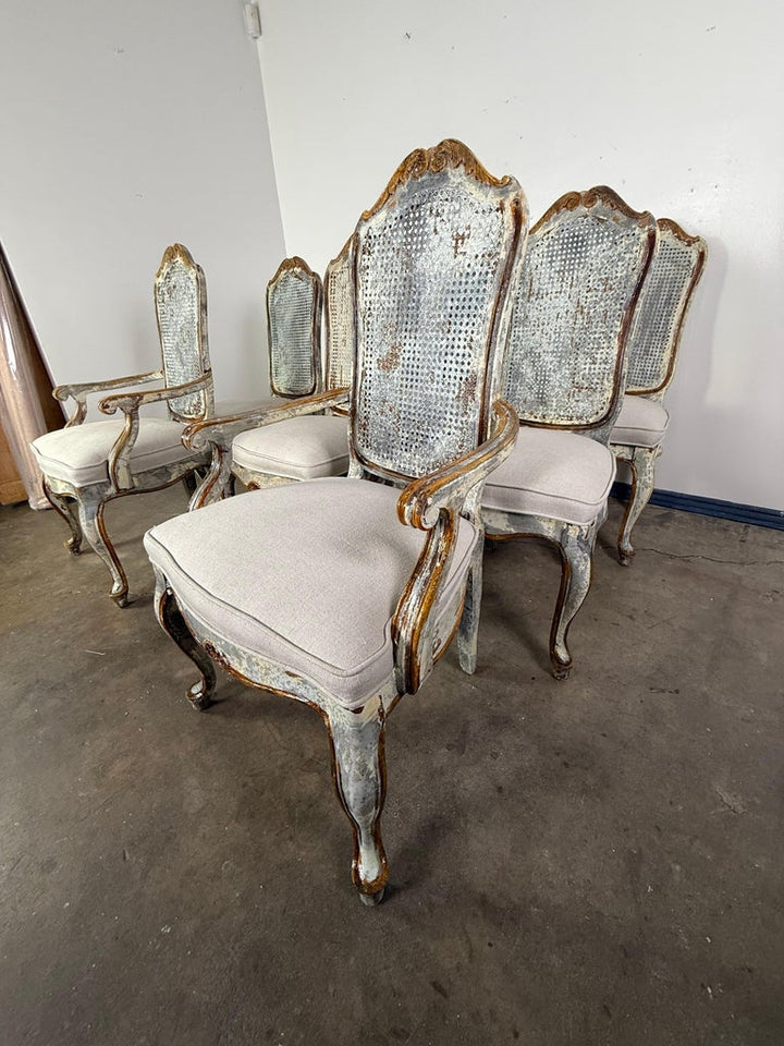 Set of 8 Distressed French Louis XV Style Dining Chairs with Cane Backs