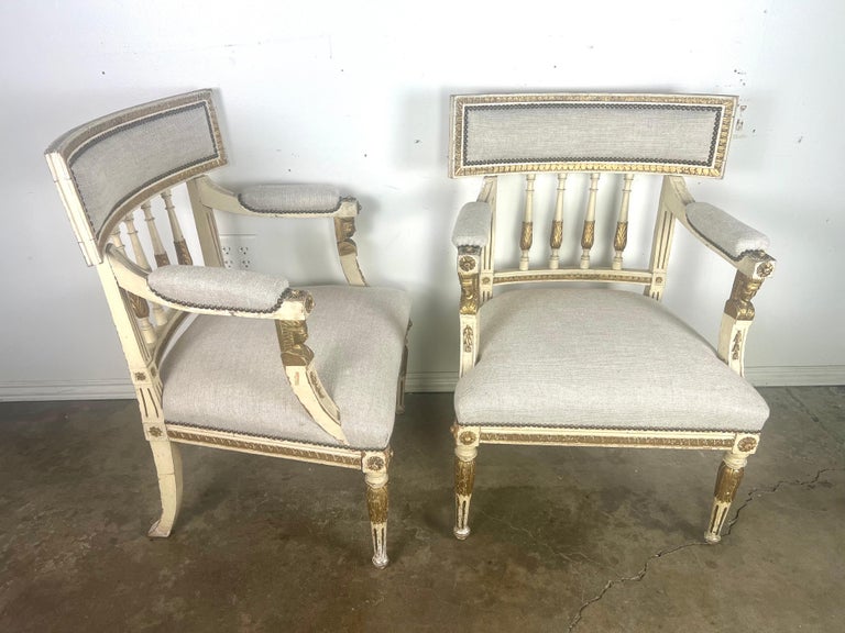 Pair of Italian Neoclassical Style Painted & Parcel Gilt Armchairs C. 1900's