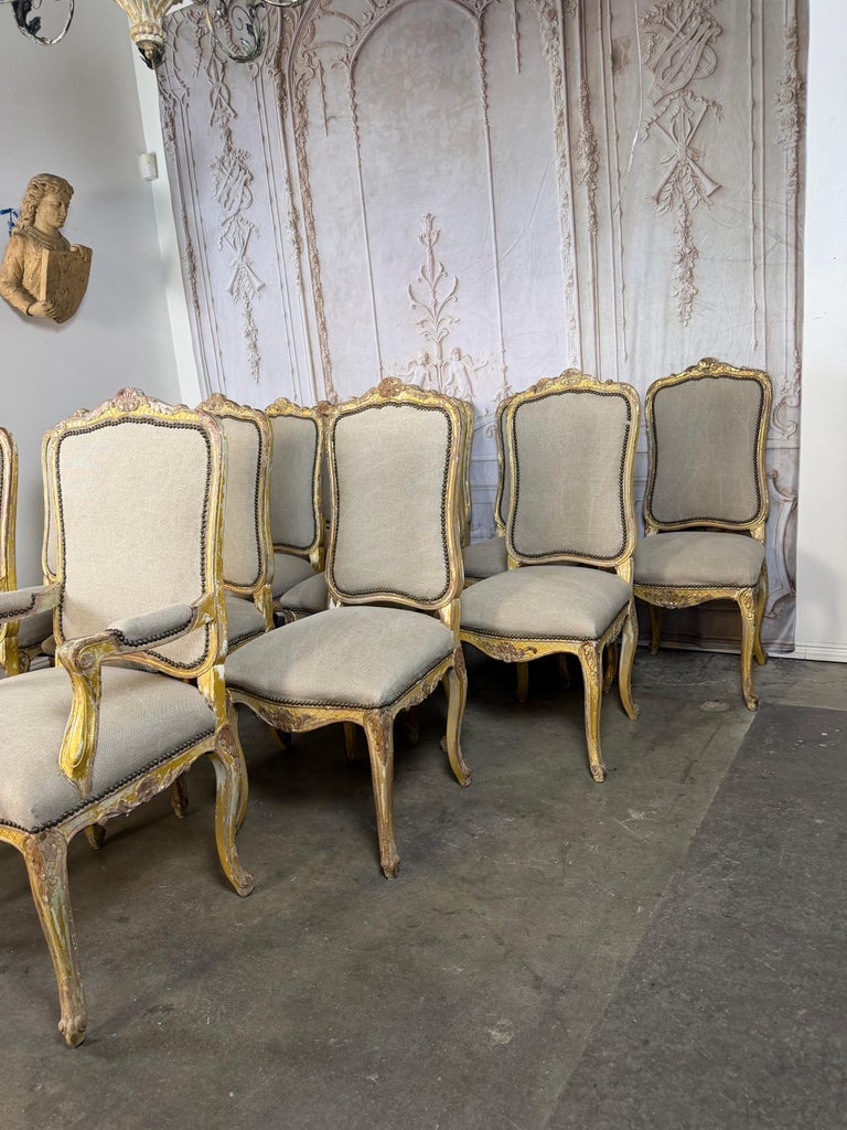 Set of 14 French Louis XV Style Distressed Dining Chairs with Linen Upholstery