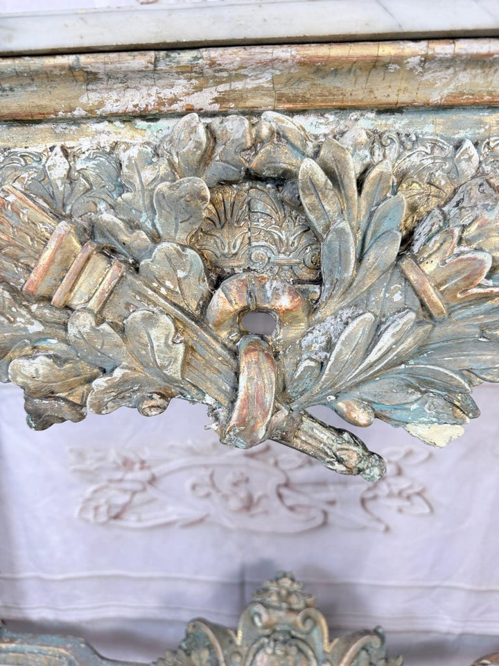 French Louis XVI Painted Gesso & Giltwood Console Table with Shaped Marble Top