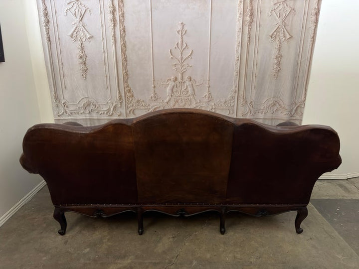 Ralph Lauren Home "Belmont" Hand-Carved Leather Camelback Sofa With Scroll Arms