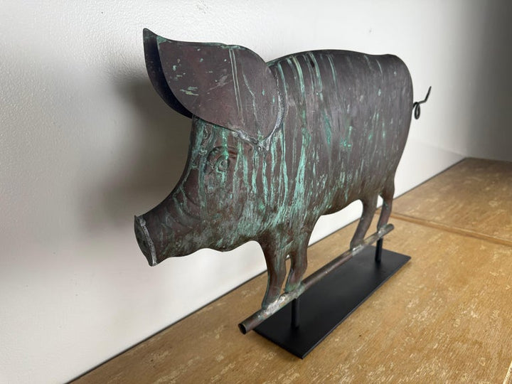 Antique Copper Pig Folk Art Weathervane on Custom Iron Stand