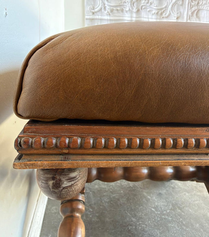 Pair of Spanish Colonial Baroque Bobbin - X-Base Stools with Distressed Leather