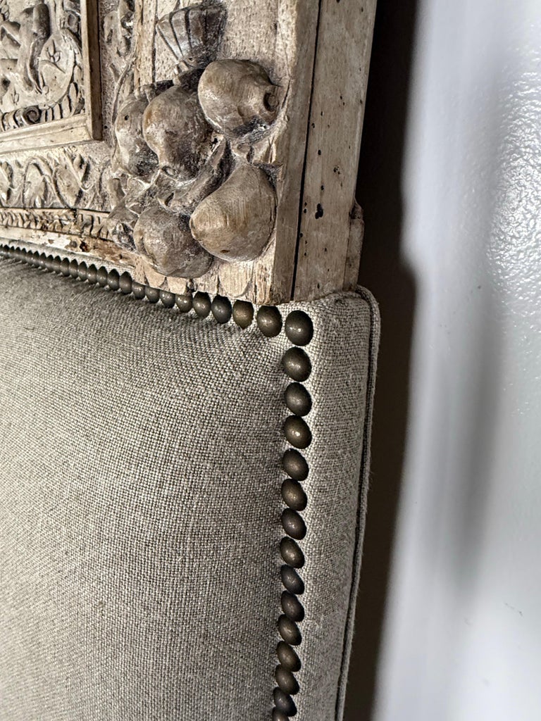 Italian Carved Linen Headboard w/ Antique Panel